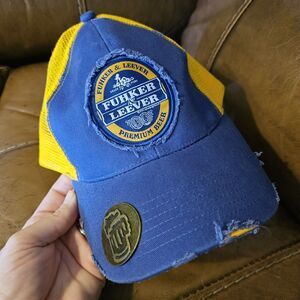 FUHKER & LEEVER Beer Hat Cap Distressed Trucker Strapback Bottle Opener Funny